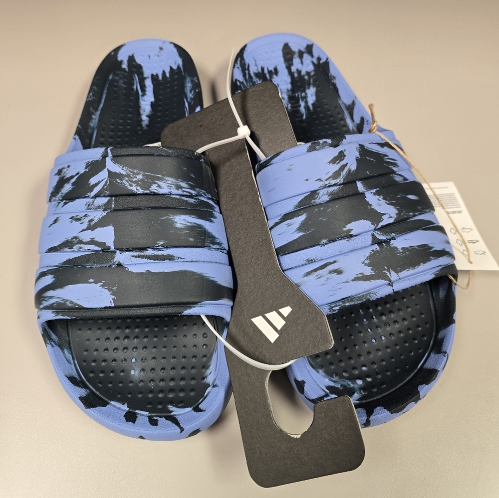 Adidas Black and Blue Purple Patterned Slides Wm 13 Men 12